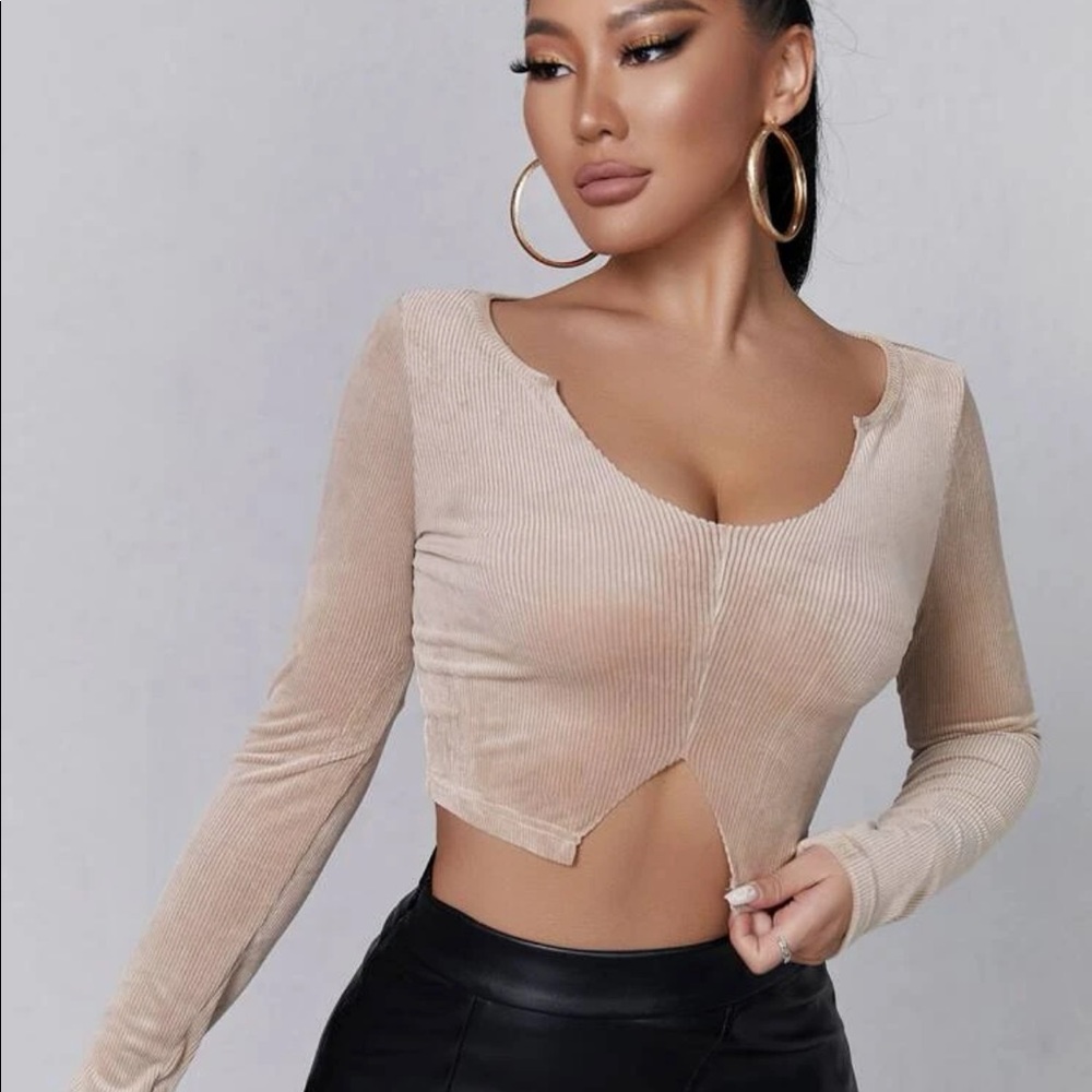 Notch neck rib-knit crop tee -dusty pink